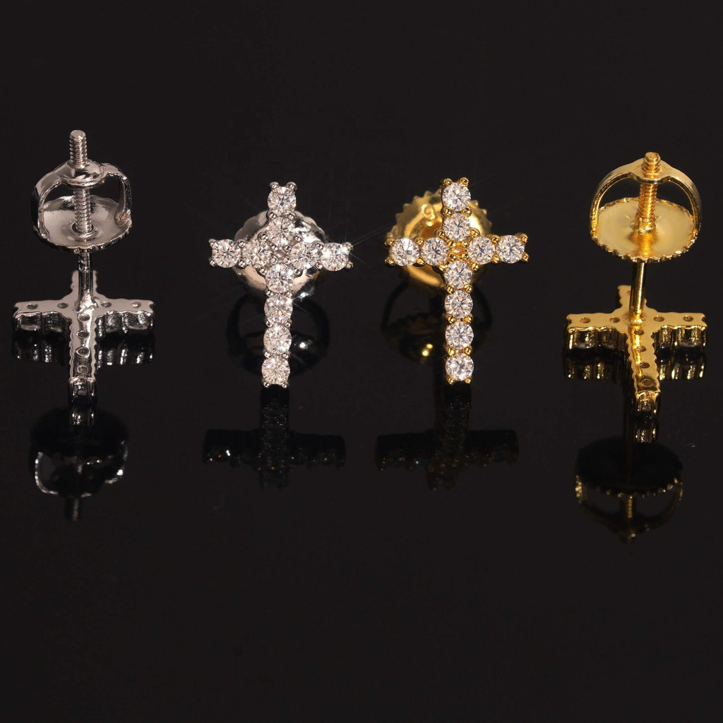 925 Sterling Silver Iced-Out Moissanite Cross Earrings | Fine Jewelry