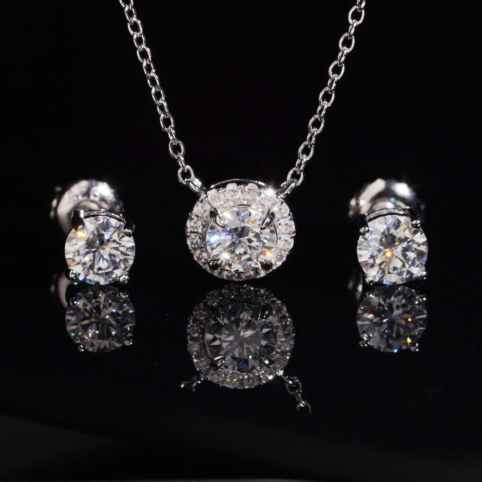 925 Sterling Silver 5.0mm Moissanite Necklace & Earrings Set | Fine Jewelry