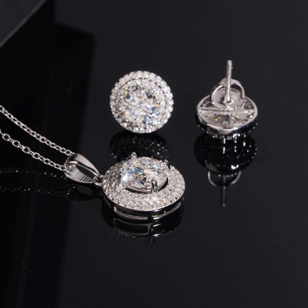 925 Sterling Silver Halo Moissanite Necklace & Earrings Set | Ladies Fine Jewelry