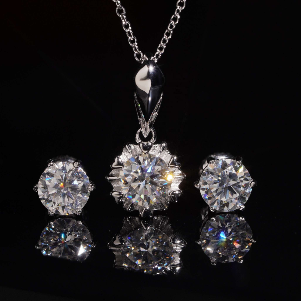 925 Sterling Silver 6.5mm Moissanite Necklace & Earrings Set | Women’s Fine Jewelry