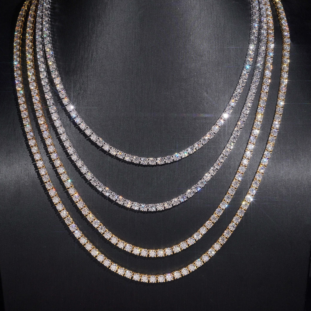 925 Sterling Silver Iced-Out Moissanite Tennis Chain Necklace | VVS 2mm–5mm