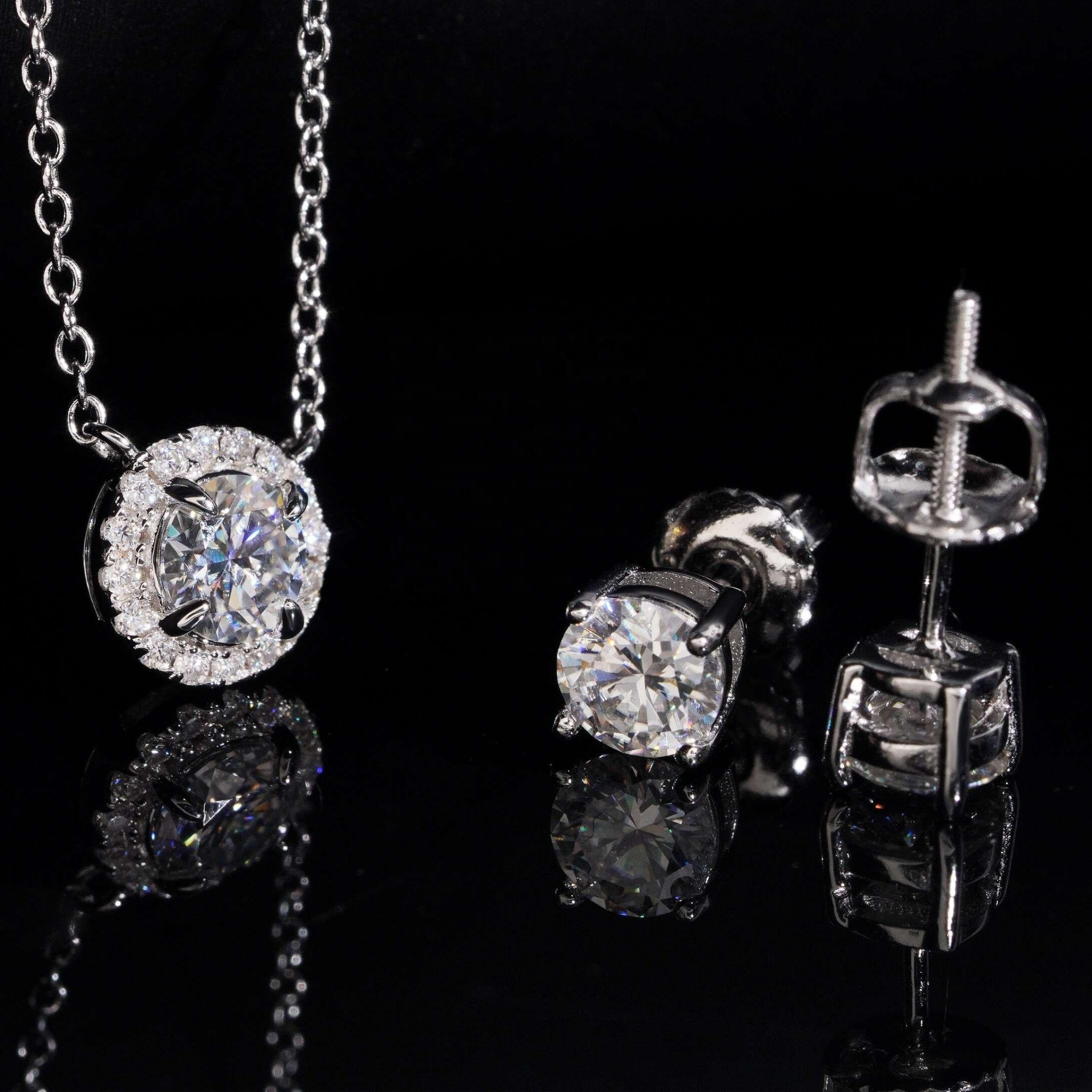 925 Sterling Silver 5.0mm Moissanite Necklace & Earrings Set | Fine Jewelry