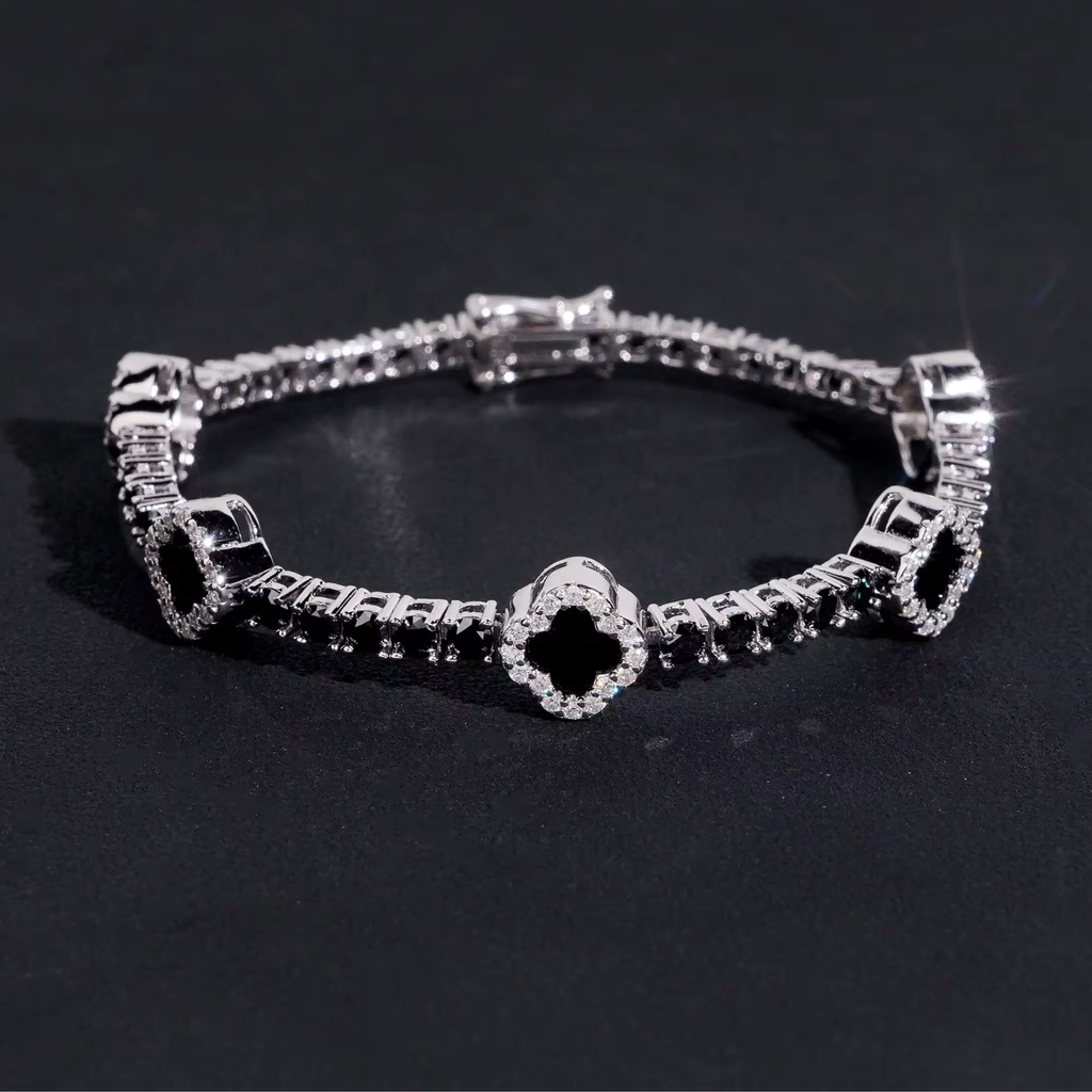 925 Sterling Silver 3mm Black Clover Tennis Bracelet | VVS Moissanite GRA Certified
