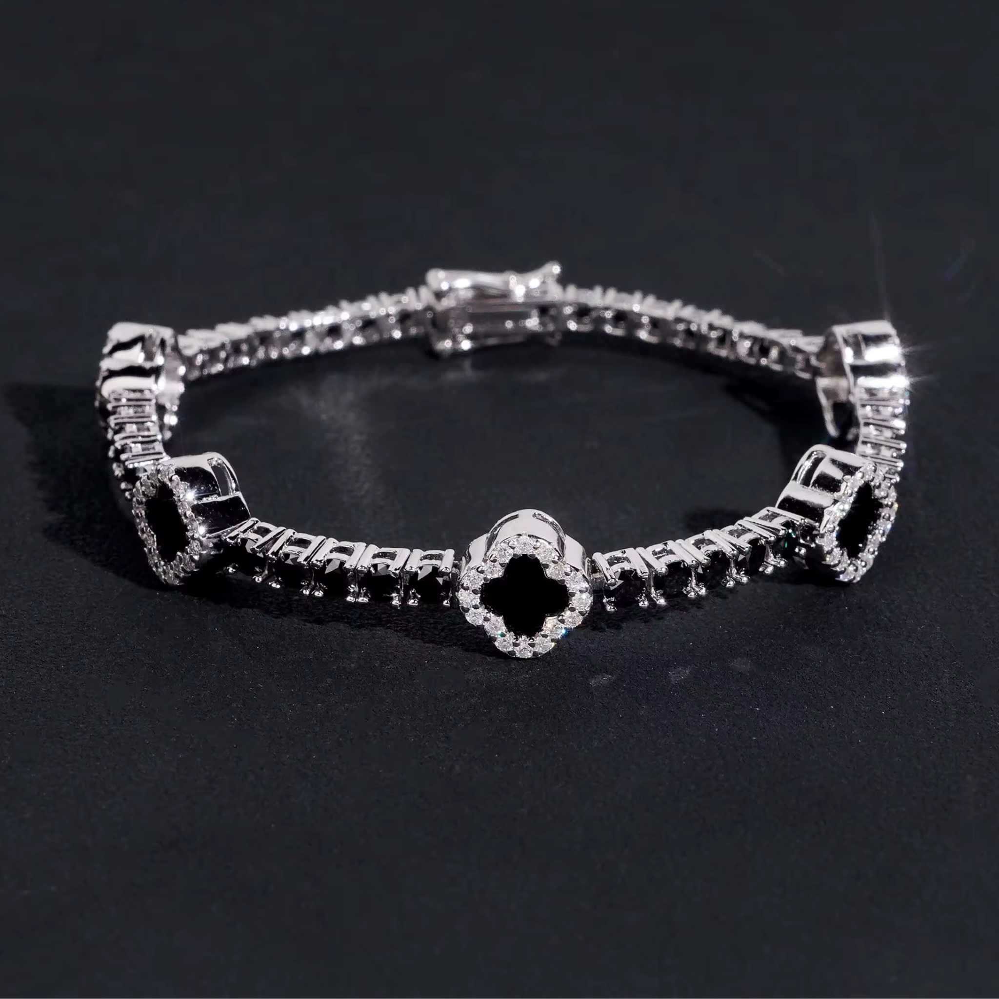 925 Sterling Silver 3mm Black Clover Tennis Bracelet | VVS Moissanite GRA Certified