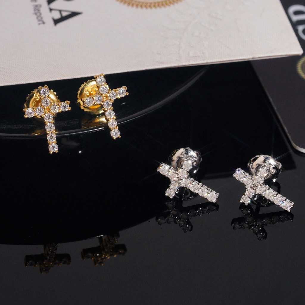 925 Sterling Silver Iced-Out Moissanite Cross Earrings | Fine Jewelry