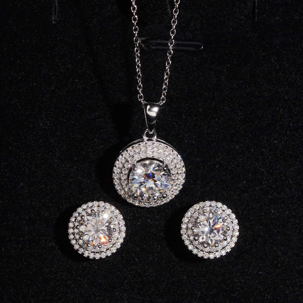 925 Sterling Silver Halo Moissanite Necklace & Earrings Set | Ladies Fine Jewelry