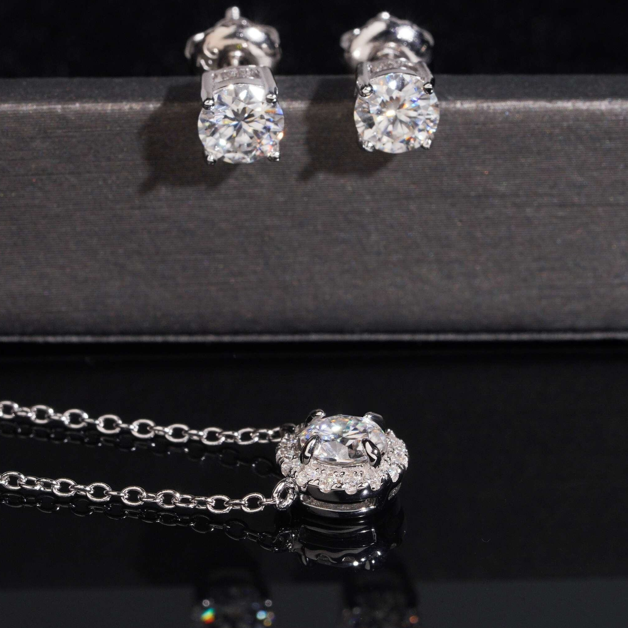 925 Sterling Silver 5.0mm Moissanite Necklace & Earrings Set | Fine Jewelry