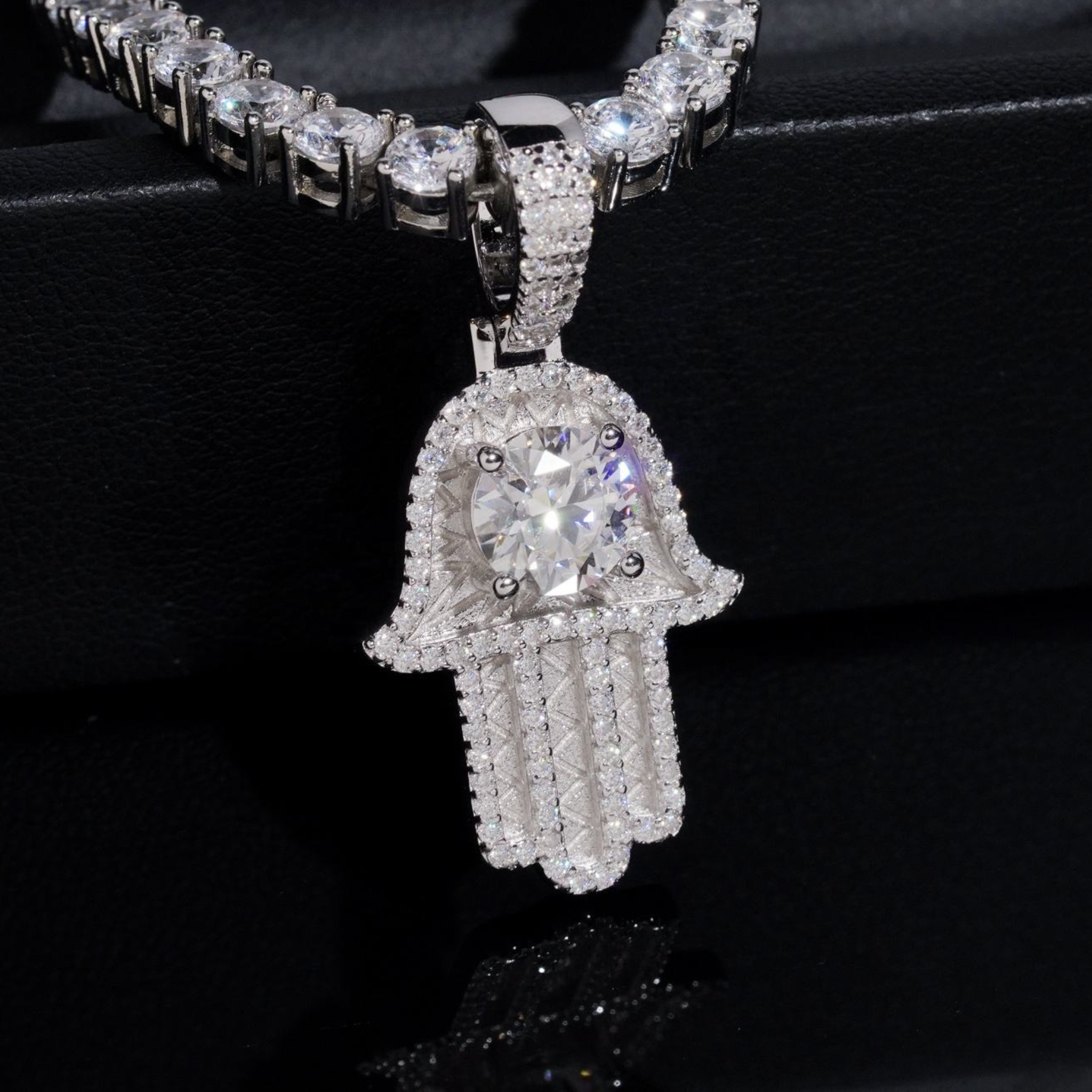 925 Sterling Silver Iced-Out VVS Moissanite Hamsa Pendant