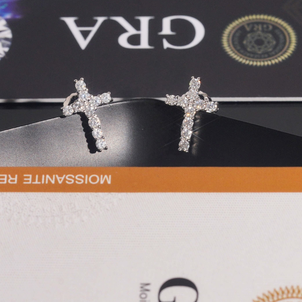 925 Sterling Silver Iced-Out Moissanite Cross Earrings | Fine Jewelry