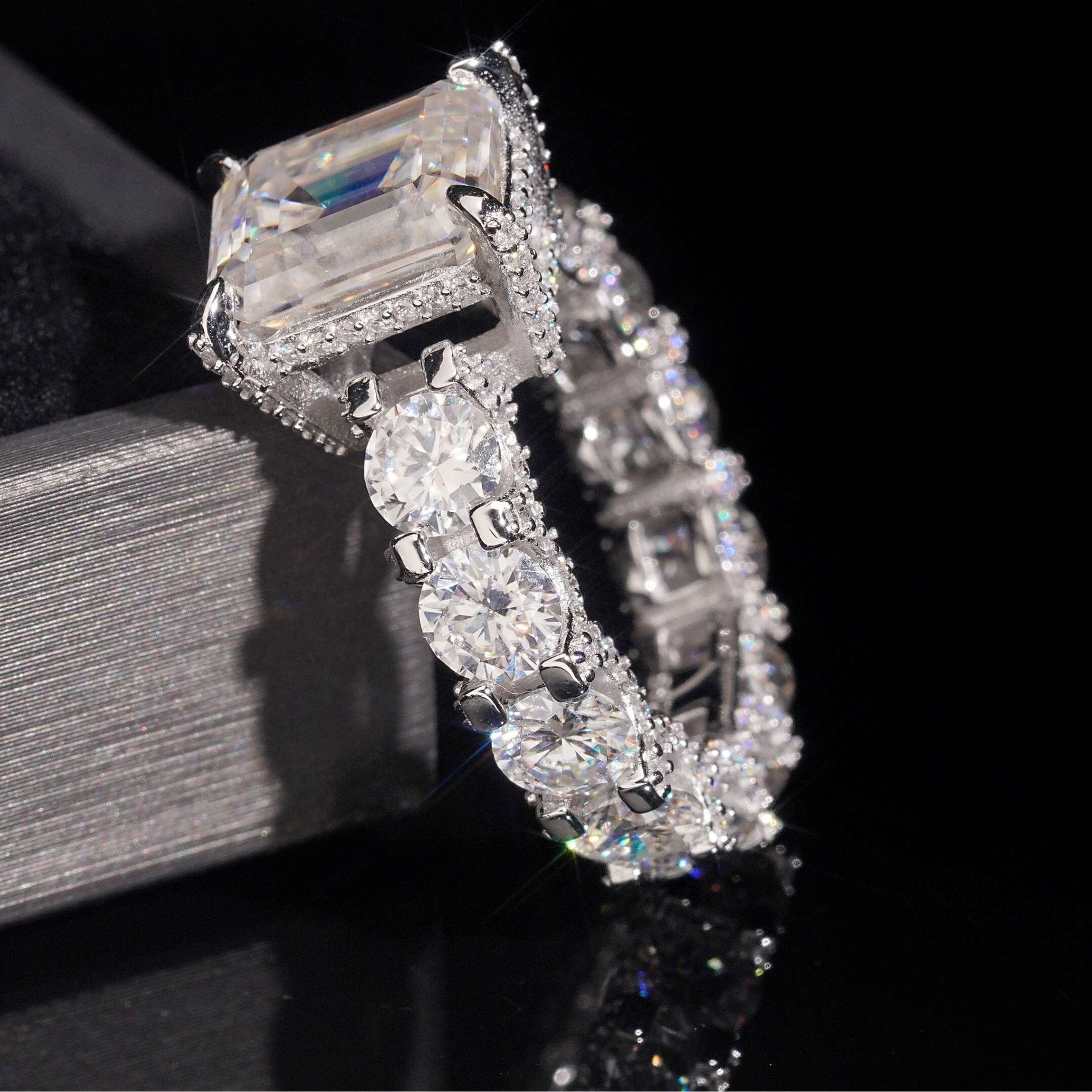 925 Sterling Silver 5ct Emerald Cut VVS Moissanite Diamond Ring | Women’s Engagement Fine Jewelry