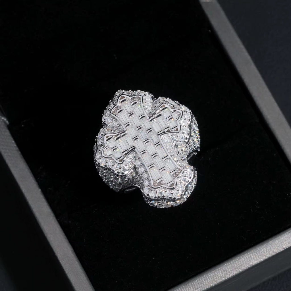925 Sterling Silver Baguette Moissanite Cross Ring | Men’s GRA-Certified Fine Jewelry