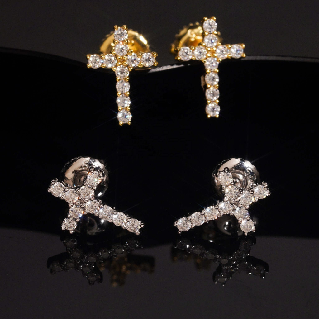 925 Sterling Silver Iced-Out Moissanite Cross Earrings | Fine Jewelry