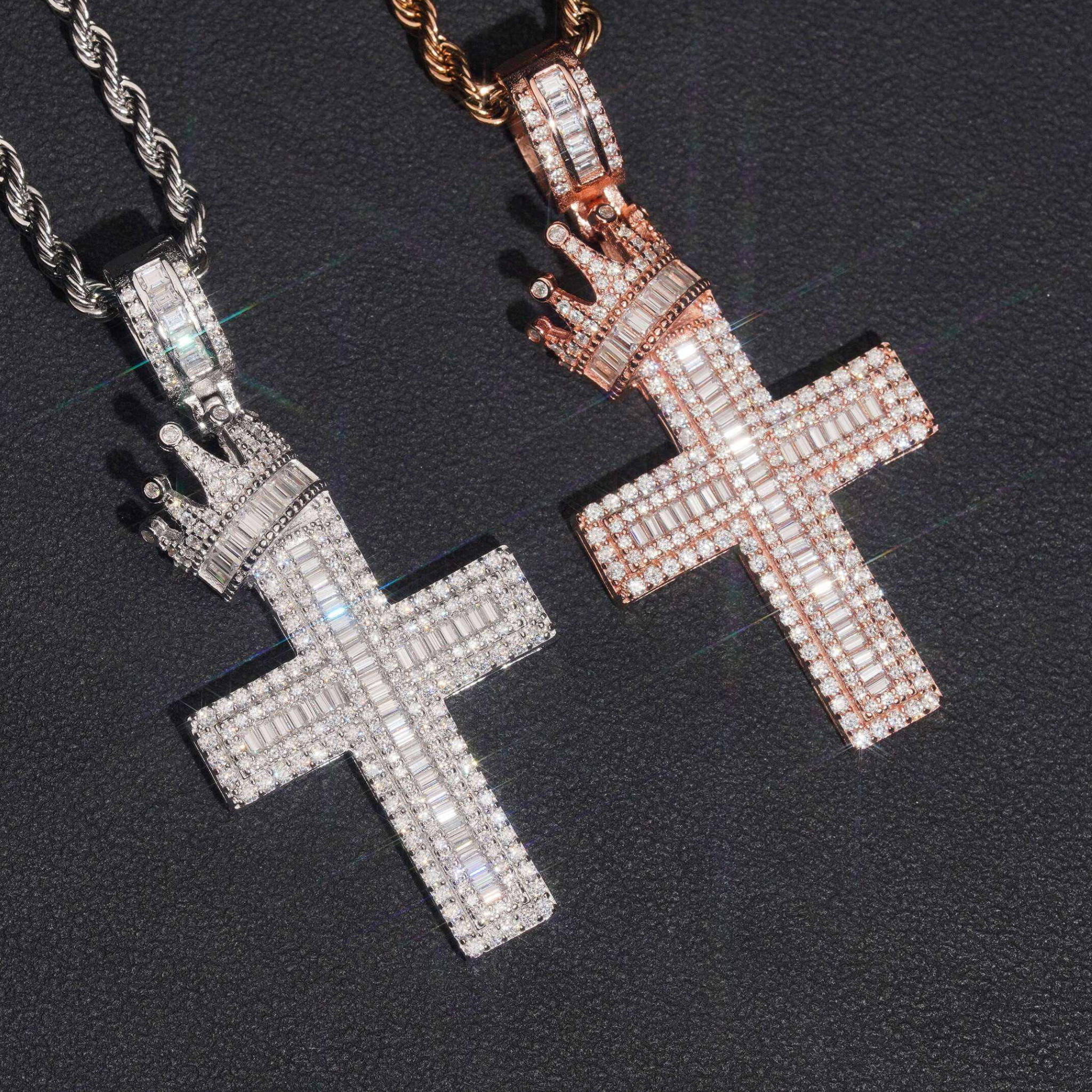 925 Sterling Silver Iced-Out Baguette Moissanite Cross Pendant