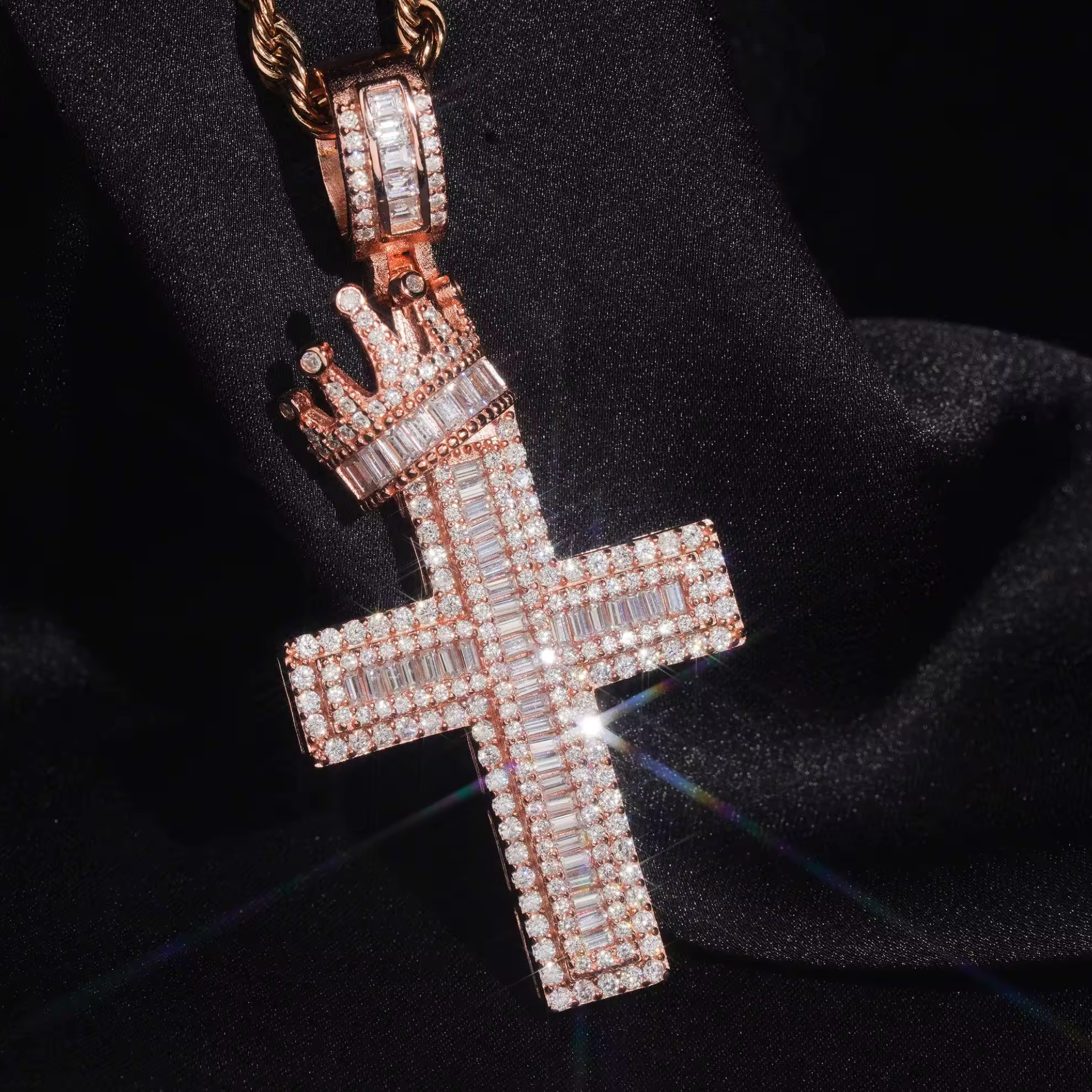 925 Sterling Silver Iced-Out Baguette Moissanite Cross Pendant