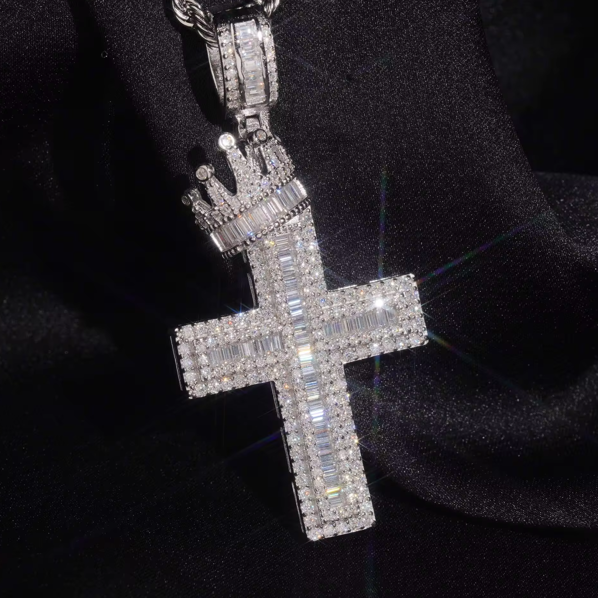 925 Sterling Silver Iced-Out Baguette Moissanite Cross Pendant