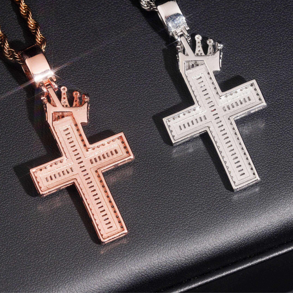 925 Sterling Silver Iced-Out Baguette Moissanite Cross Pendant